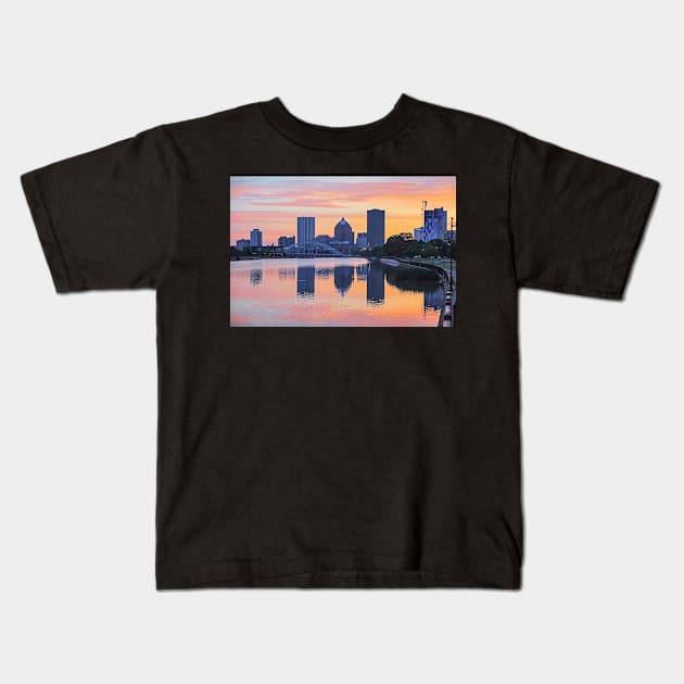 Rochester NY Skyline at Sunrise Rochester NY Genesee River Kids T-Shirt by WayneOxfordPh